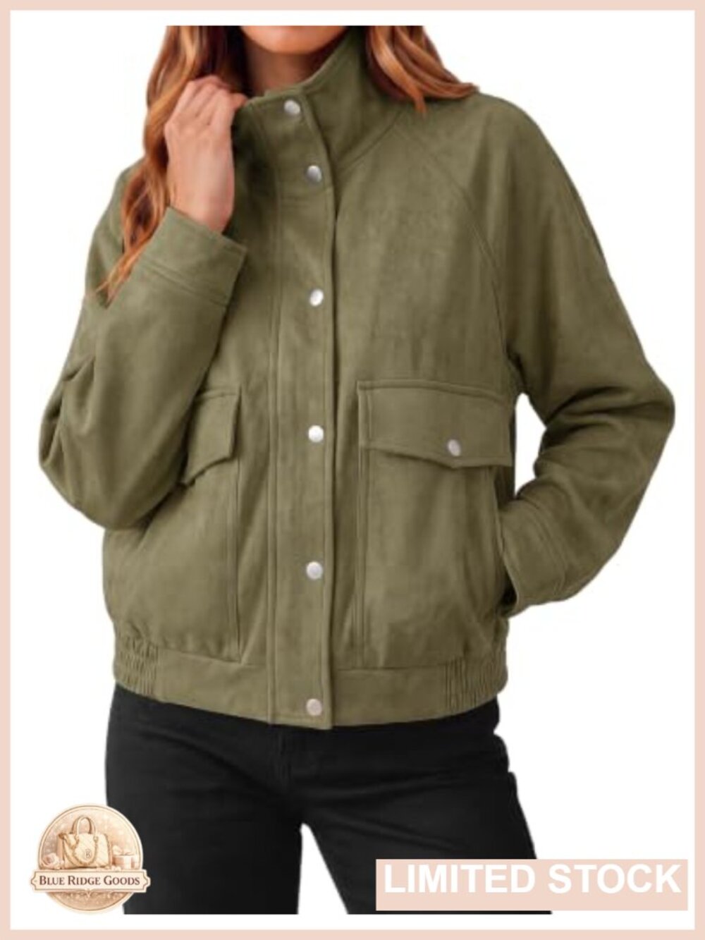 Faux Suede Bomber Jacket Stand Collar Zip Up Snap Button Lined Pockets